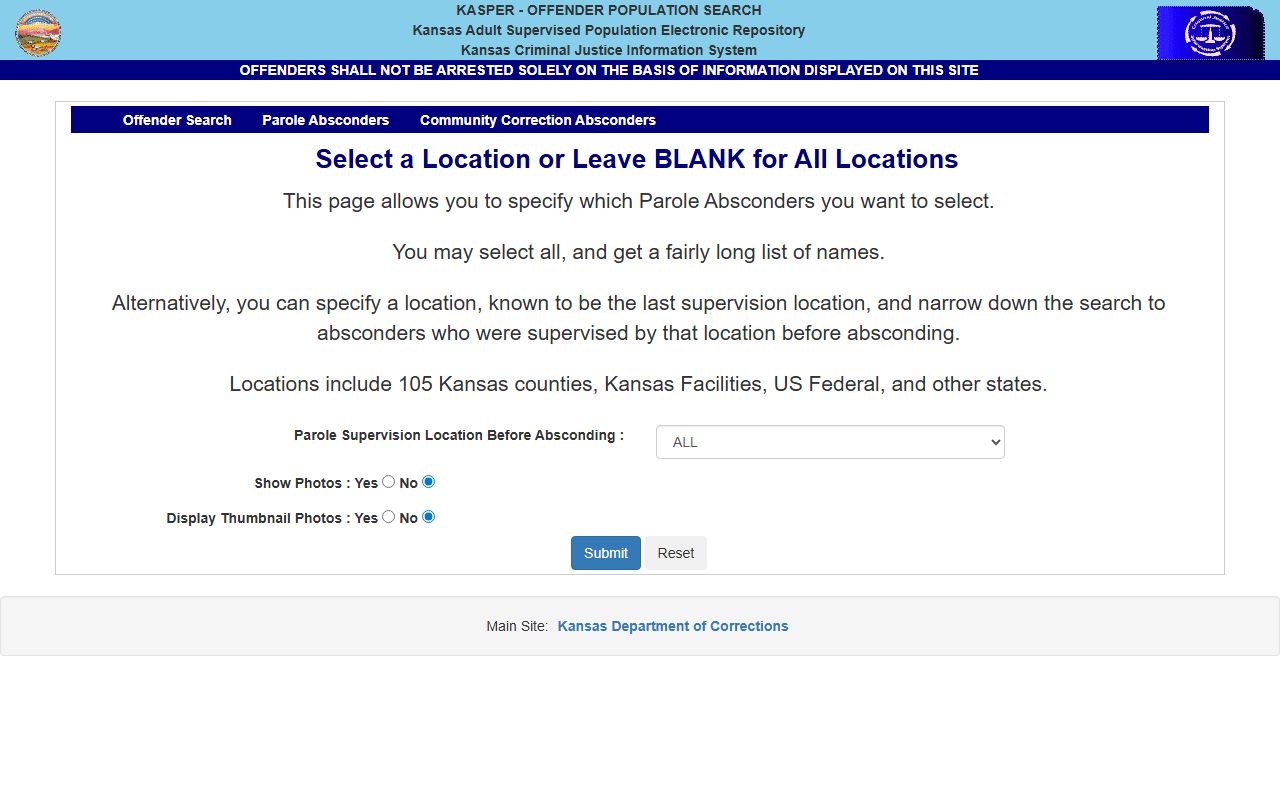 Lincoln County parole absconder record search in KASPER